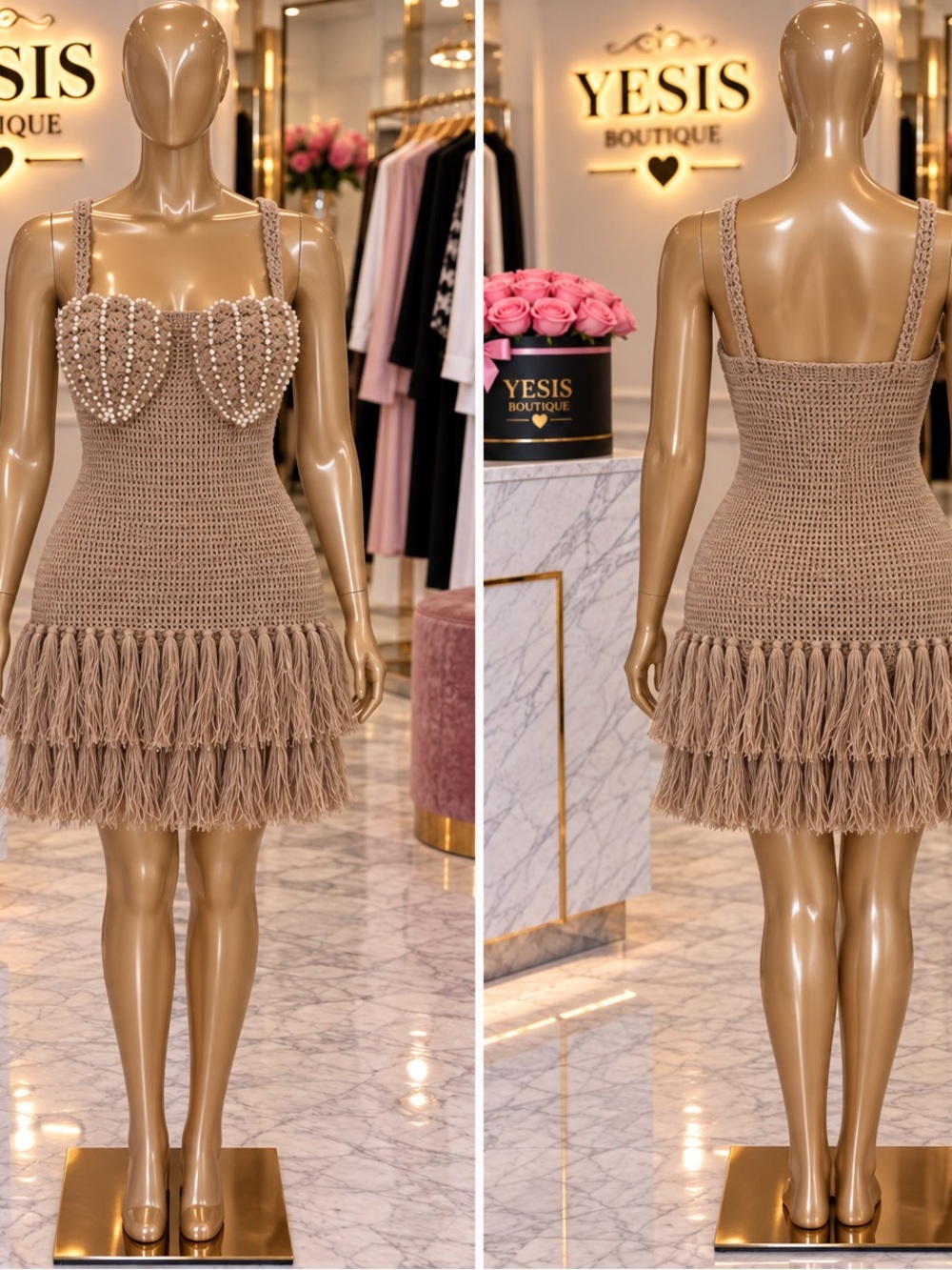 Taupe Crochet Fringe Mini Dress with Beaded Bust